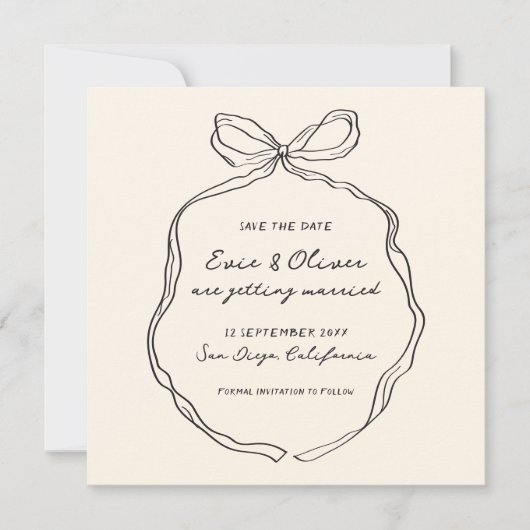 Save The Date Whimsky Quirky manuscrit Mariage Bow (Devant)