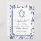 Save The Date White and Blue Chinoiserie Crest Photo Wedding (Devant)