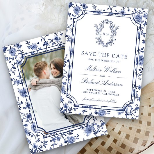Save The Date White and Blue Chinoiserie Crest Photo Wedding