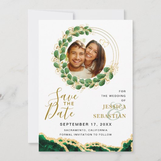 Save The Date White Emerald Green & Gold Ajouter QR Code Photo (Devant)
