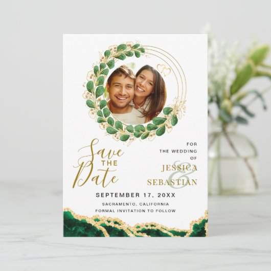 Save The Date White Emerald Green & Gold Ajouter QR Code Photo (Debout devant)