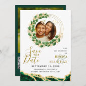 Save The Date White Emerald Green & Gold Ajouter QR Code Photo (Devant / Derrière)
