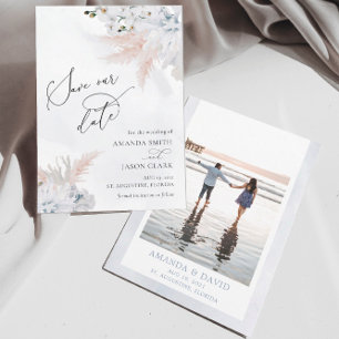 Save The Date White Floral Orchid & Dusty Blue Coral Beach
