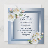Save The Date White Flowers Elegant Blue Gray (Devant)