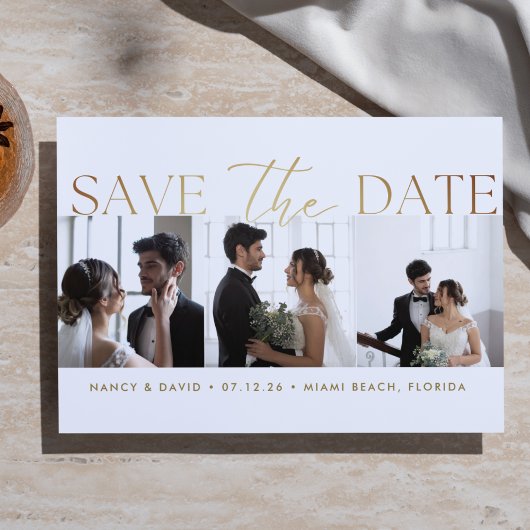 Save The Date White Gold Script 3 photo Collage wedding 