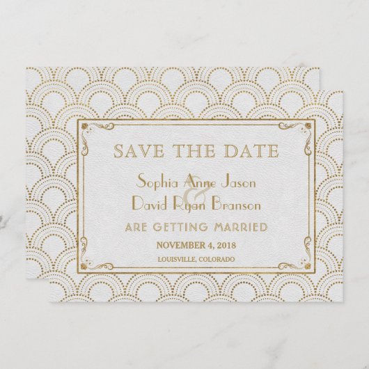 Save The Date White Great Gatsby Art Déco Gold Enregistrer La Da (Devant / Derrière)