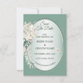Save The Date White Jasmine Floral Green Geometric Wedding (Devant)