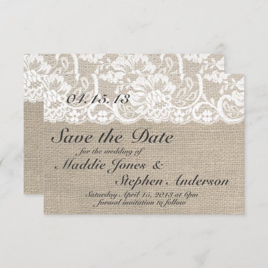 Save The Date White Lace & Burlap Wedding Enregistrer la date (Devant / Derrière)