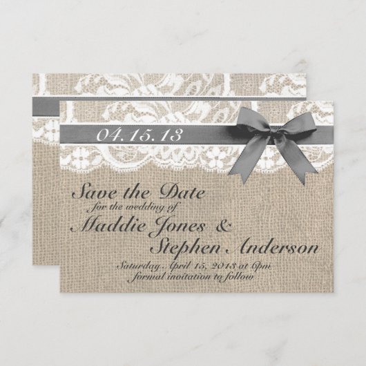 Save The Date White Lace & Burlap Wedding Enregistrer la date (Devant / Derrière)