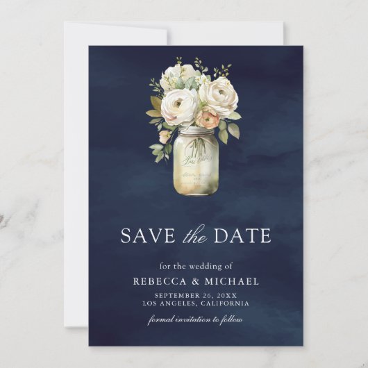 Save The Date White Roses Mason Jar Photo Marine Blue Mariage (Devant)