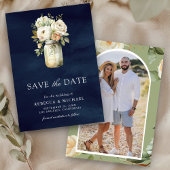 Save The Date White Roses Mason Jar Photo Marine Blue Mariage