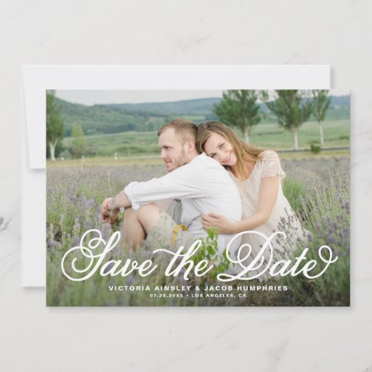 Save The Date White Rustic Whimsical Script Floral Photo (Devant)