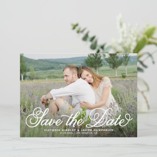 Save The Date White Rustic Whimsical Script Floral Photo (Debout devant)