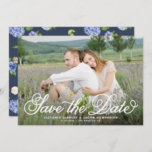 Save The Date White Rustic Whimsical Script Floral Photo (Devant / Derrière)