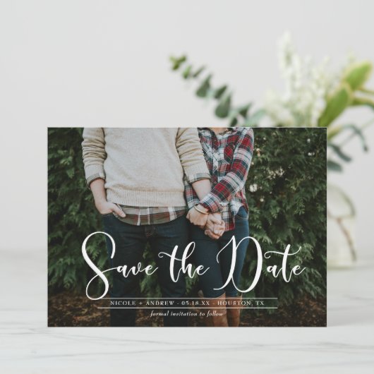 Save The Date White Script Navy Chevron Photo Enregistrer la car (Debout devant)