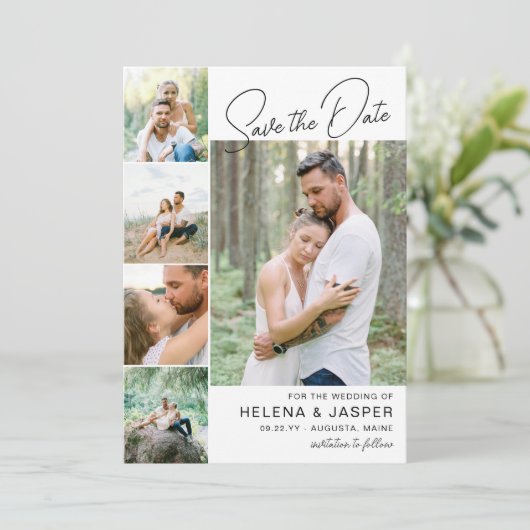 Save The Date White Simple Clean 5 Photo Collage (Debout devant)