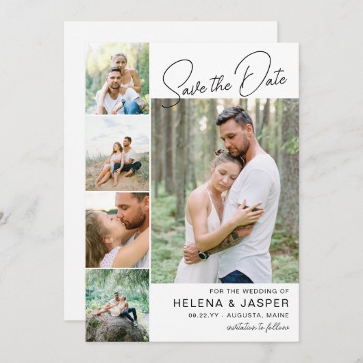 Save The Date White Simple Clean 5 Photo Collage (Devant / Derrière)