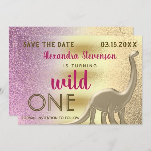 Save The Date Wild One Parties scintillant Rose & Gold Dinosaur (Devant / Derrière)