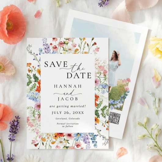 Save The Date Wildflower Elegant Floral Photo QR Code Wedding