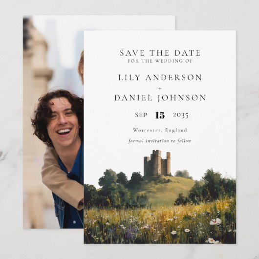 Save The Date Wildflowers Floral Castle Photo Wedding (Devant / Derrière)