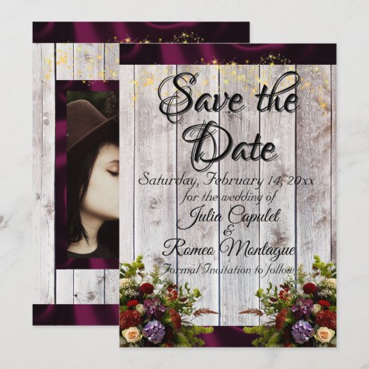 Save The Date Wildflowers, Ribbon & Lights - Purple (Devant / Derrière)