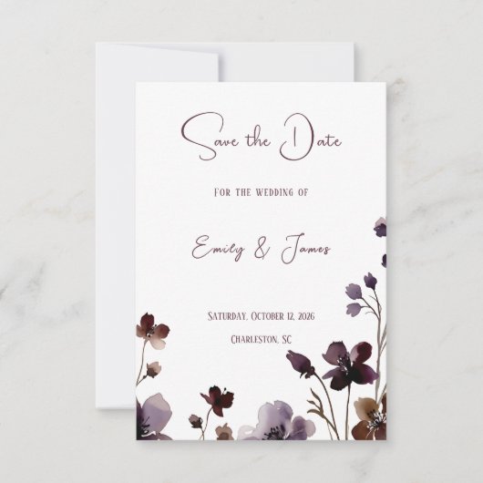 Save The Date Wine Red Plum Mauve Fall Floral Wedding (Devant)