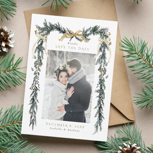 Save The Date Winter Greenery Garland Wedding Photo Gold & Green