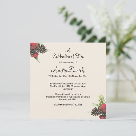 Save The Date Winter Pine Cone Celebration of Life Card (Debout devant)