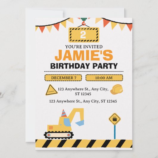 Save The Date Yellow Cute Construction Truck Boys 2nd Birthday (Devant)
