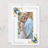 Save The Date Yellow & Navy Blue Botanical Leaves Corner Photo (Dos)