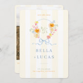 Save The Date Yellow Stripe Floral Crest Monogram Spring Wedding (Devant / Derrière)