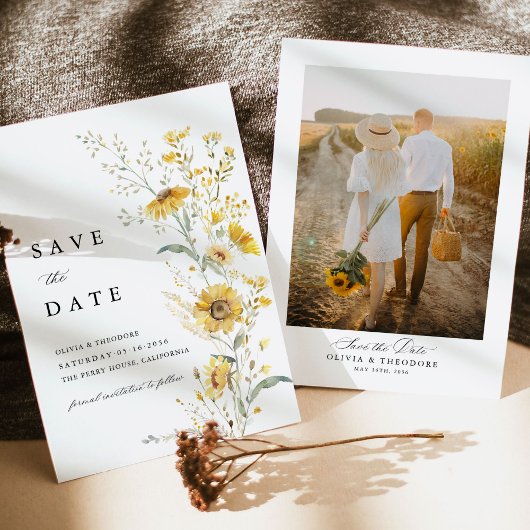 Save The Date Yellow Wildflower Sunflower Wedding Photo Back