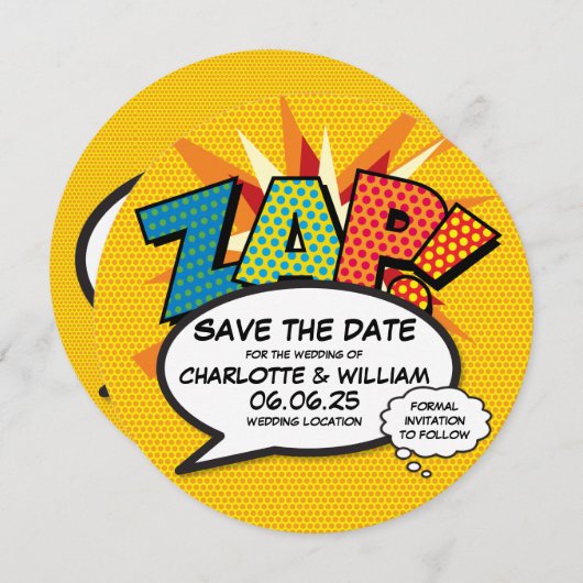 Save The Date ZAP Enregistrez la date Fun Retro Bande dessinée P (Devant / Derrière)
