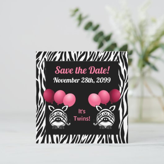 Save The Date Zebra Twin Girls Baby shower Enregistrer la date (Debout devant)