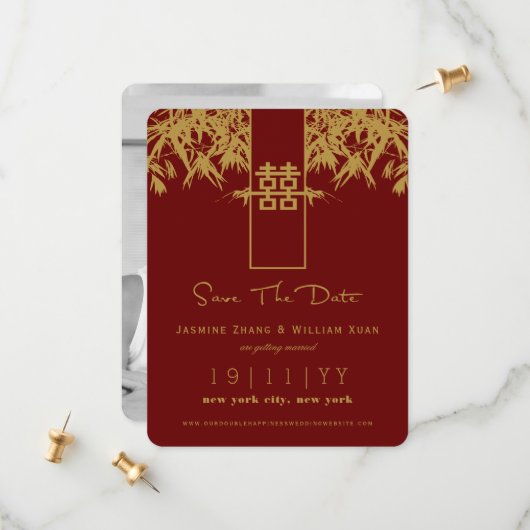 Save The Date Zen Bambou Double Bonheur Chinois Faire Part de Ma (Devant/Arrière en situation)