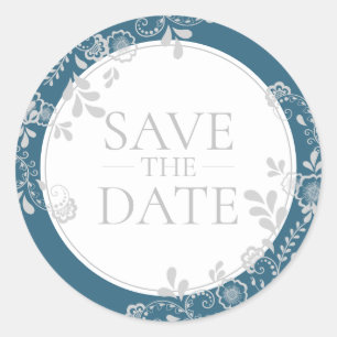 Save the Date Zilveren Blauw Victoriaans Bloemen K Ronde Sticker