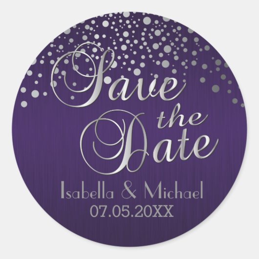 Save the date | Zilveren Stippen en Paars | Person Ronde Sticker (Voorkant)