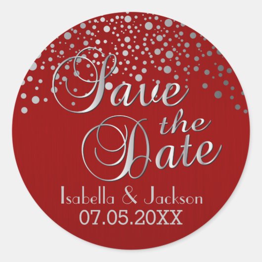 Save the date | Zilveren Stippen en rood | Persona Ronde Sticker (Voorkant)