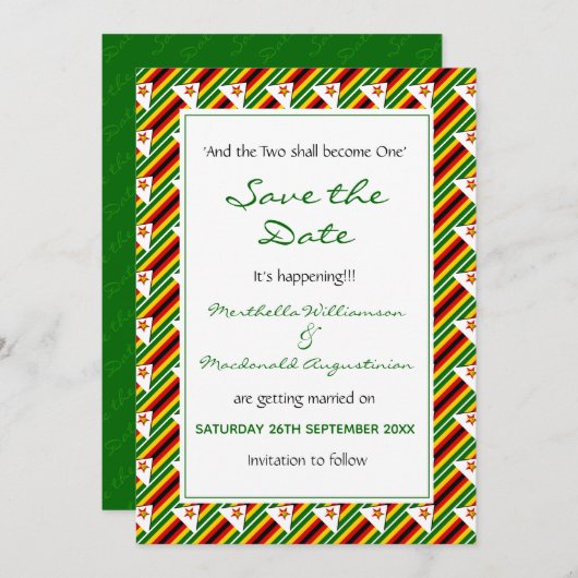 Save The Date ZIMBABWE DRAPEAU Customisé Écriture C'EST EN TRAIN (Devant / Derrière)