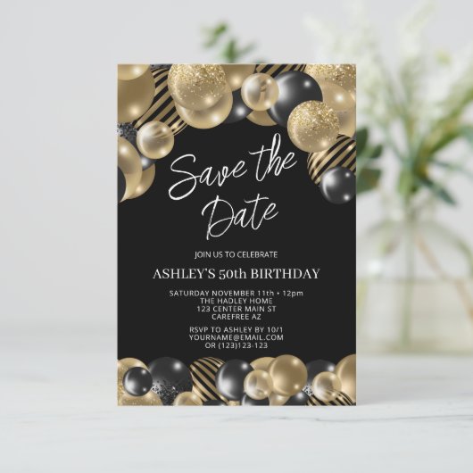 Save the Date Zwart Goud 50e verjaardag Kaart (Staand voorkant)