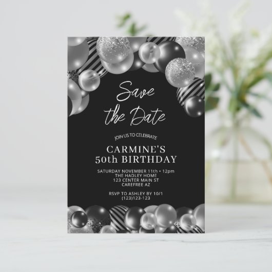 Save the Date Zwart Zilver 50e Verjaardag Kaart (Staand voorkant)