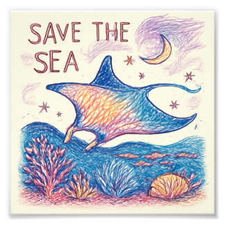 Save the Sea - Kleurpotlood Oceaan Kunst Foto Afdruk