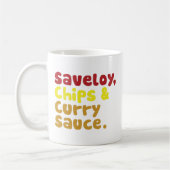 Saveloy, Chips & Curry Sauce. Koffiemok (Links)