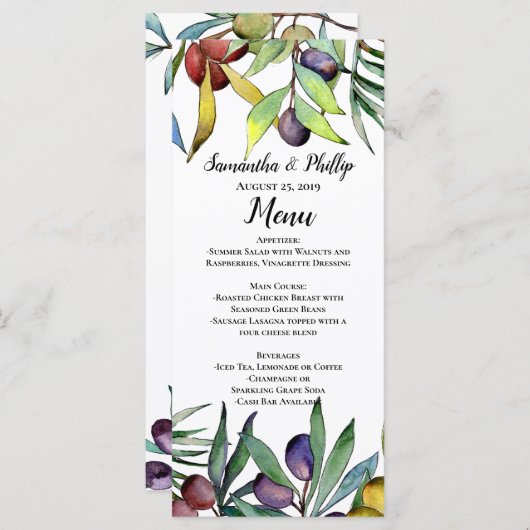 Savoureux Olives Toscane Aquarelle Menu Mariage (Devant / Derrière)