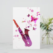 Saxofone schattige muziek en vlinders briefpapier (Staand voorkant)