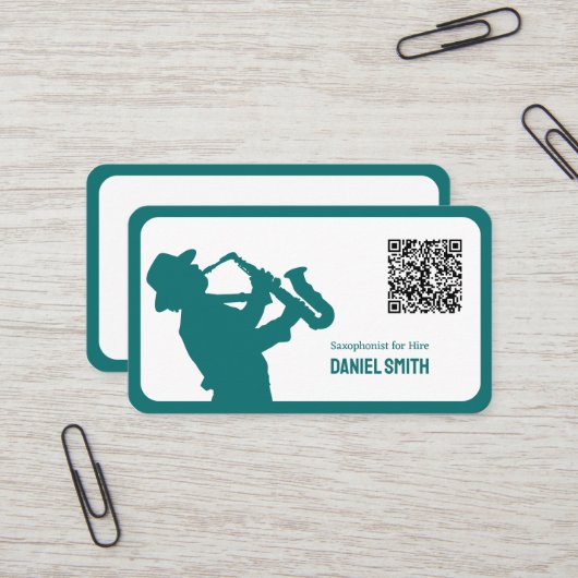 Saxofonist aangepaste QR-code Visitekaartje (Voorkant / Achterkant in situ)
