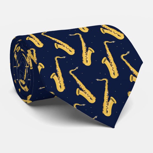 Saxofonist Stijlvol Saxofoonpatroon op Navy Blue Stropdas (Opgerold)