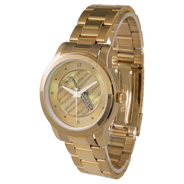 Saxofoon ~ Bladmuziek ~ Gouden Achtergrond ~ Uniek Horloge (Gekanteld)