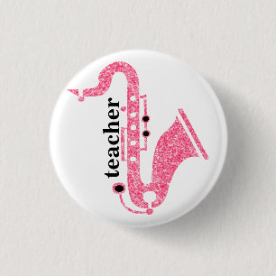 Saxofoon illustratie in roze glitter textuur ronde button 3,2 cm