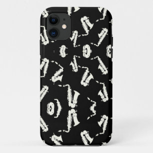 Saxofoon jazz zwart-wit patroon iPhone 11 hoesje